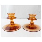 Fostoria Amber Wheat Candle Holders Pair - Round Base