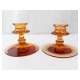 Fostoria Amber Wheat Candle Holders Pair - Round Base