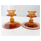 Fostoria Amber Wheat Candle Holders Pair - Round Base