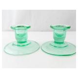 Green Glass Candlestick Holders - Pair for Taper Candles