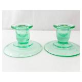 Green Glass Candlestick Holders - Pair for Taper Candles