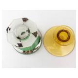 Green Glass Lamp Base with Frosted Shade & Amber Glass Candlestick (2-Piece Set)