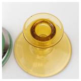 Green Glass Lamp Base with Frosted Shade & Amber Glass Candlestick (2-Piece Set)