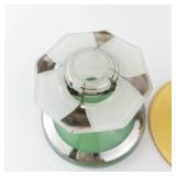 Green Glass Lamp Base with Frosted Shade & Amber Glass Candlestick (2-Piece Set)