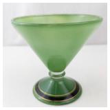 Green Frosted Glass Goblet - Stemmed Glass with Gold Trim and Black Band Base