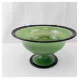 Depression Era Reverse Painted Green Glass Compote Bowl - Pedestal Base with Black Rim