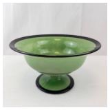 Depression Era Reverse Painted Green Glass Compote Bowl - Pedestal Base with Black Rim