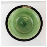 Depression Era Reverse Painted Green Glass Compote Bowl - Pedestal Base with Black Rim