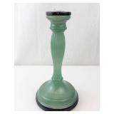 Indian Glass Finely Ribbed Green & Black Frosted Glass Candlestick Holder - Ribbed Stem, Black Base