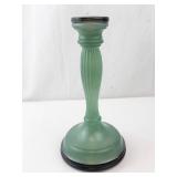 Indian Glass Finely Ribbed Green & Black Frosted Glass Candlestick Holder - Ribbed Stem, Black Base