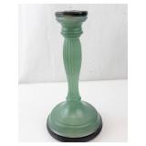 Indian Glass Finely Ribbed Green & Black Frosted Glass Candlestick Holder - Ribbed Stem, Black Base