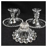 Crystal Glass Beaded-Edge Candlestick Set - 3 Candlestick Holders
