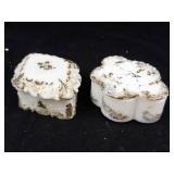 Pair of White Porcelain Trinket Boxes with Gilt Floral Relief - Clover Shape (Lot of 2)