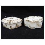 Pair of White Porcelain Trinket Boxes with Gilt Floral Relief - Clover Shape (Lot of 2)