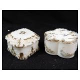 Pair of White Porcelain Trinket Boxes with Gilt Floral Relief - Clover Shape (Lot of 2)