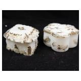 Pair of White Porcelain Trinket Boxes with Gilt Floral Relief - Clover Shape (Lot of 2)