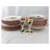 Blue Ridge Fruit Salad Pattern Dinnerware Set - Plates, Cups, Creamer & Sugar