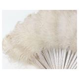 Vintage White Feather Hand Fan - Silver-Tone Ribs
