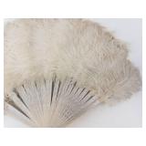 Vintage White Feather Hand Fan - Silver-Tone Ribs