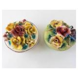 Two Italian Floral Lidded Porcelain Bowls - 2-Piece Set with Multicolor Rose Bouquets