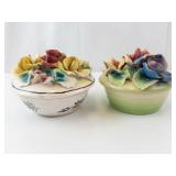 Two Italian Floral Lidded Porcelain Bowls - 2-Piece Set with Multicolor Rose Bouquets