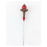 Hat Pin - Red Crystal with Brass Filigree Accent