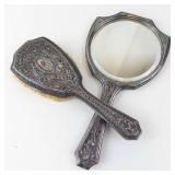Antique Silver Hand Mirror & Brush Vanity Set with Ornate Floral Motifs