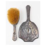 Antique Silver Hand Mirror & Brush Vanity Set with Ornate Floral Motifs