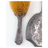 Antique Silver Hand Mirror & Brush Vanity Set with Ornate Floral Motifs