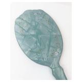 Vintage Art Deco Blue Hand Mirror with Floral Pattern - Translucent Plastic Handle