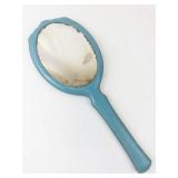 Vintage Art Deco Blue Hand Mirror with Floral Pattern - Translucent Plastic Handle