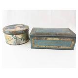 Decorative Tin Boxes (Lot of 2) - Round Painted Tin and Teal Blue Tin with Gold Filigree