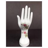 White Porcelain Hand Figurine with Pink Rose Floral Transfer