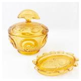 Sugar Bowl with Lid - Amber Glass, Pressed Swirl Pattern
