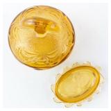 Sugar Bowl with Lid - Amber Glass, Pressed Swirl Pattern