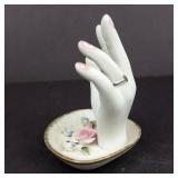 Porcelain Hand Ring Holder on Floral Plate - White Hand Sculpture