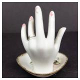 Porcelain Hand Ring Holder on Floral Plate - White Hand Sculpture