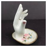 Porcelain Hand Ring Holder on Floral Plate - White Hand Sculpture