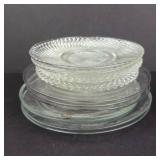 Group of 11 Various Clear Glass Dessert Plates & Chargers - Starburst Pattern, Assorted Sizes