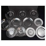 Group of 11 Various Clear Glass Dessert Plates & Chargers - Starburst Pattern, Assorted Sizes