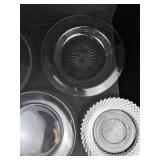 Group of 11 Various Clear Glass Dessert Plates & Chargers - Starburst Pattern, Assorted Sizes