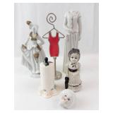 Porcelain Figurines Set - White Dress Statues, Dress Form, Hat Pin Holder