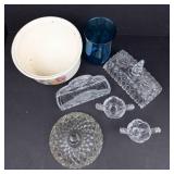 Glassware Collection: Diamond-Pattern Lidded Candy Dish Cover, Flower Bowls, Rectangular Pattern Box Lid