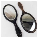 Vintage Hand Mirror Set - Oval & Round, Black & Wood Handles (Lot of 2)