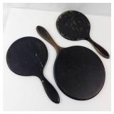 Vintage Hand Mirror Set - Round Mirrors with Wood & Black Lacquer Handles