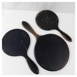 Vintage Hand Mirror Set - Round Mirrors with Wood & Black Lacquer Handles