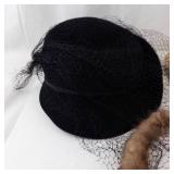 Vintage Hat Trio - Black Velvet Cloche With Veil, Beige Straw Hat, Brown Fur Muff
