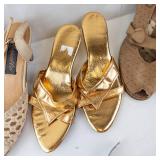 VINTAGE Beige Woven Sandals, Gold Metallic Bow Sandals, Tan Perforated Sandals, Black Leather Ankle Boot