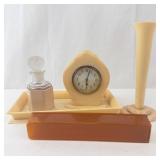 Desk Set - Celluloid Beige with Clock, Perfume Bottle, Vase & Tray