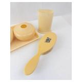 Celluloid Vanity Set - Cream Yellow Powder Jars, Tray, Cup & Brush (Vintage)
